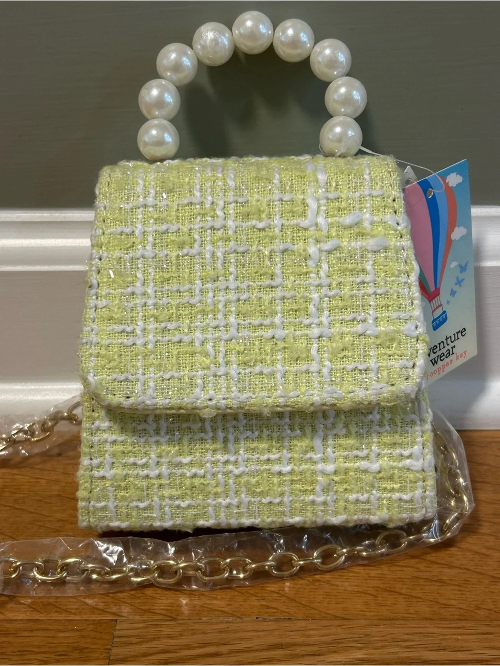 NWT Kids Mini Yellow Tweed Plaid Crossbody Purse Pearl Handle